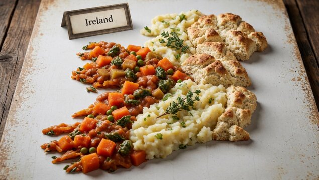 Plate irish food wooden table rectangular shape has white background left side there serving mashed potatoes c