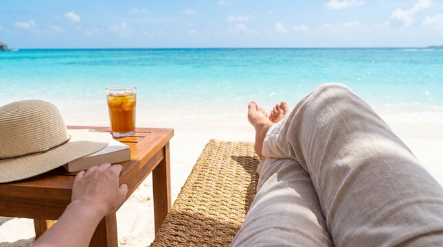 Woman relaxing on wicker beach chair by tropical ocean. Concept of luxury summer vacation, travel and leisure time on sunny beach. Lifestyle hobby with book, hat and cold iced drink.