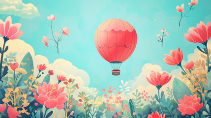 Obraz premium A vibrant hot air balloon floats above a colorful field of flowers. The sky is bright blue with fluffy clouds, creating a cheerful atmosphere