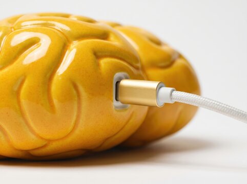 Close-up of yellow ceramic brain sculpture with charging cable plugged in