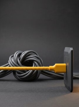 Tangled grey cable knot with yellow cable plugged into black panel