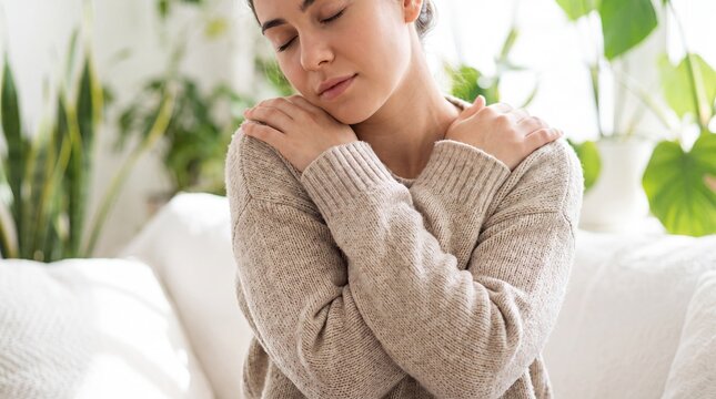Young woman hugging herself in cozy knitted sweater. Portrait of girl enjoying peaceful moment of self-love and relaxation at home. Mental health concept and calm lifestyle.