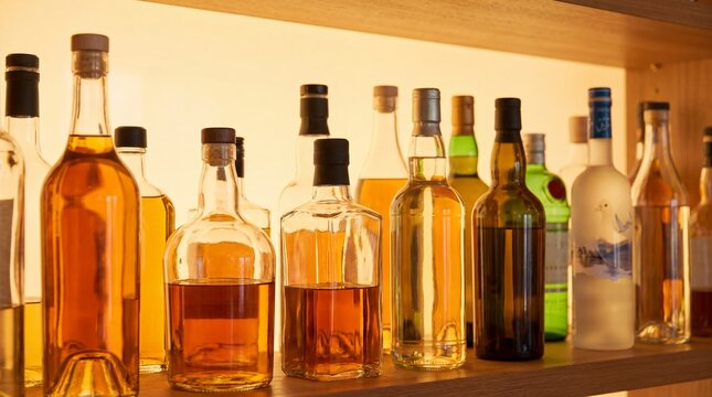Alcohol bottles arranged on a shelf in a bar. Collection of glass containers with spirits and liquor. Beverage assortment for hospitality, mixology, party, and social gathering event.