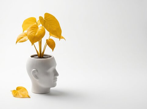 Yellow plant growing from white ceramic head-shaped planter