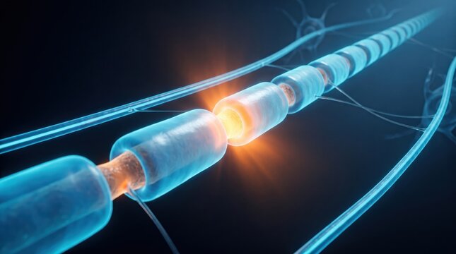 Glowing orange nerve impulse traveling along myelinated axon fiber