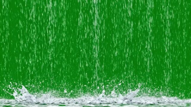 Realistic heavy rain falling with splashing water drops on a green screen chroma key background