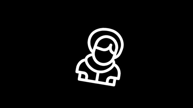 Stylized white outline of a saint with a halo against a black background