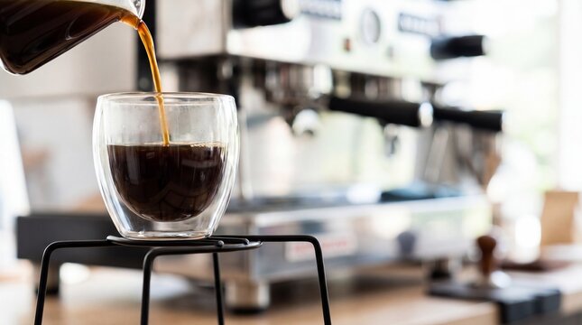 Barista pouring fresh hot coffee into a double wall glass cup. Professional espresso machine in a cafe background. Morning caffeine beverage preparation and coffee shop lifestyle concept.
