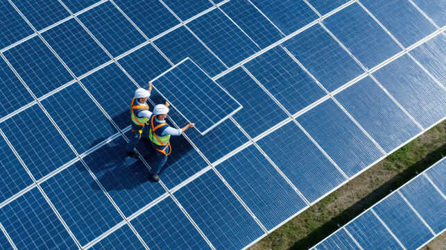 Technician installing solar panel on large blue photovoltaic array, teamwork and renewable energy worksite with safety gear