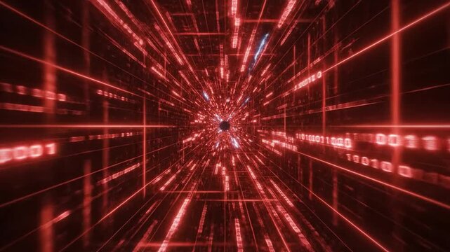 Red digital data tunnel with binary code and light streaks moving through a futuristic grid