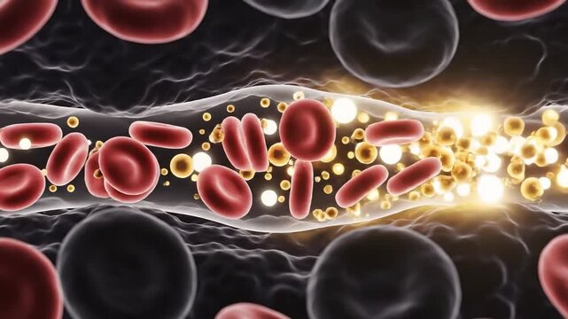 Red blood cells flowing through a capillary as oxygen and nutrients pass through vessel walls
