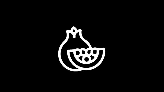 Simple white outline icon of a pomegranate and a slice showing seeds on a black background