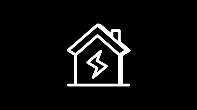 Simple line art icon of a house with a lightning bolt inside, representing energy or electricity