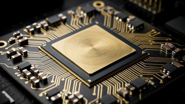 Close up photograph of a modern computer processor with gold contacts on a circuit board