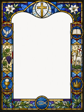 Stained glass window frame border with cross grapevine and lamb