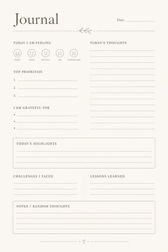 Printable daily journal page with mood tracker and gratitude list