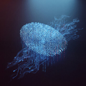Fingerprint dissolving into flowing wave of binary code and microchips