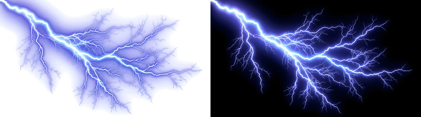 Blue lightning bolt striking sharply with branching electric currents PNG, Transparent and Black Background Versions © Guddoo