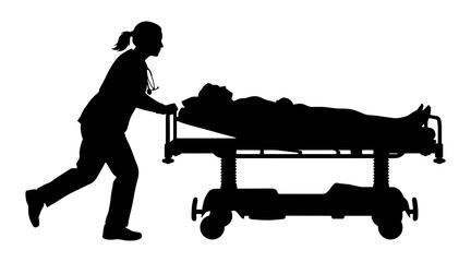 Silhouette of a nurse pushing a patient on a stretcher
