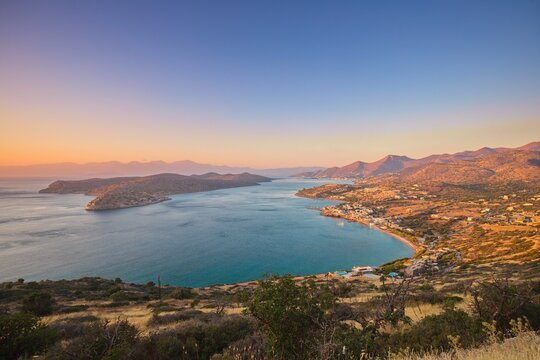 Summer early morning with a panoramic view of Mirabello Bay and the famous island of Spinalonga on the island of Crete.