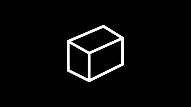 Minimalist white cube icon on a stark black background, representing a simple geometric shape