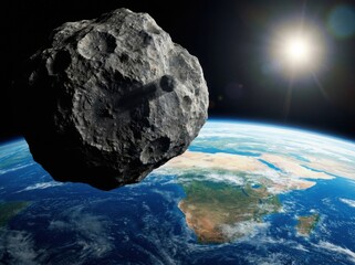 A massive asteroid with craters floating above the earth with the sun shining in the background © KIBRIA