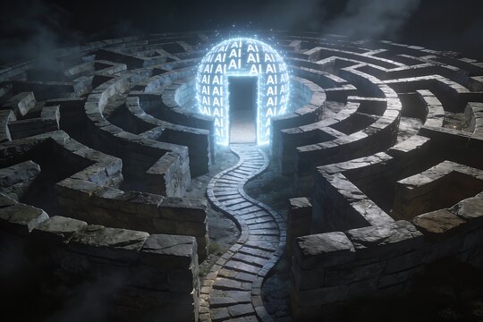 A glowing AI portal bridges a winding stone maze from above symbolizing artificial intelligence bypassing genuine problem solving effort