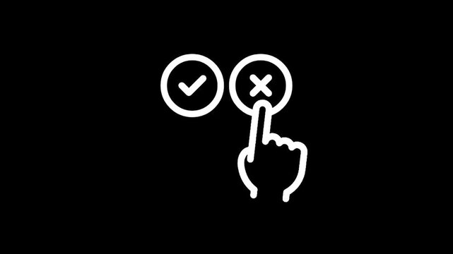 Hand pressing a checkmark button next to a cross mark button on a black background