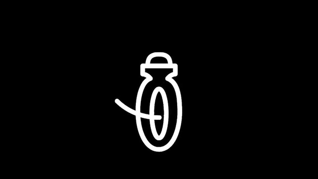 Simple white outline of a round perfume bottle on a black background