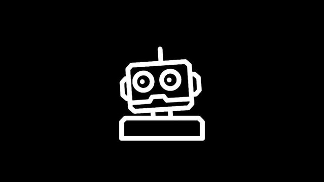 Simple white robot head icon on a black background, minimalist design for technology concepts