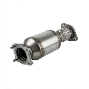 Stainless steel catalytic converter for vehicle exhaust system. High-performance auto emissions control component with flanges and clamps.