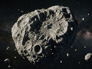 Large asteroid with a prominent central impact crater floating in deep space surrounded by smaller debris and a starry background © KIBRIA