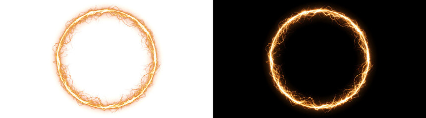 Electric circle ring crackling with golden lightning currents forming a PNG, Transparent and Black Background Versions © Guddoo