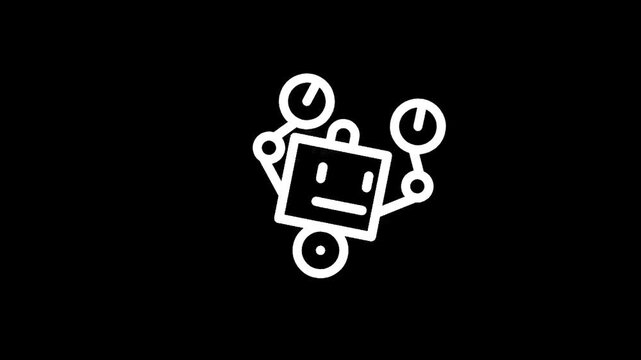 Simple line art robot icon with a square head and circular elements on a black background