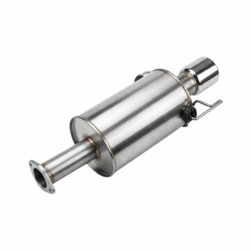 Stainless steel car exhaust muffler isolated on white. High-performance automotive silencer with polished metal finish for vehicle upgrades.