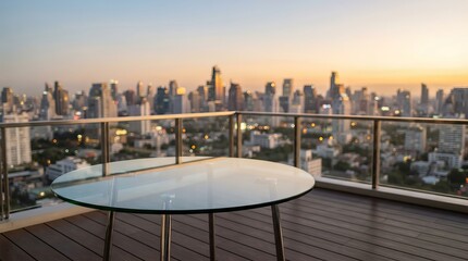 Naklejka premium Empty balcony table with city skyline at sunset.