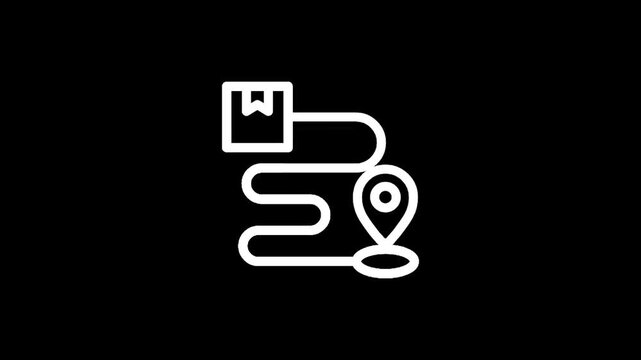 Icon representing package delivery route from origin to destination with map pin