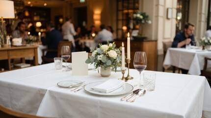 Fototapeta premium Elegant restaurant table setting with white linens and candles.