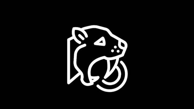 Stylized white outline of a saber-toothed cat head on a black background