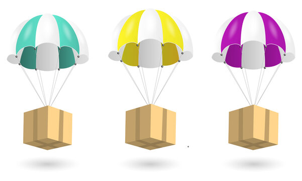 Colorful parachute delivery boxes floating down on transparent background