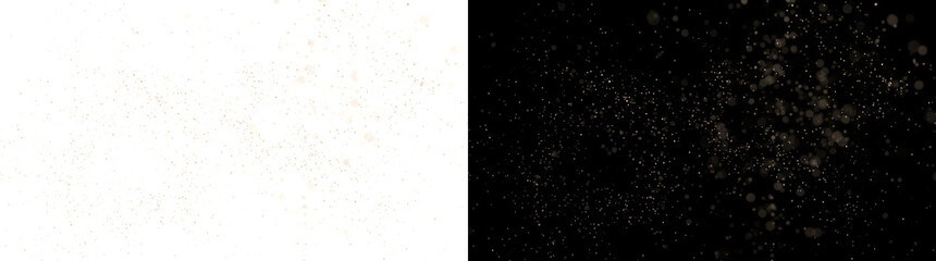 Golden dust particles floating softly with sparkling bokeh lights PNG, Transparent and Black Background Versions © Guddoo