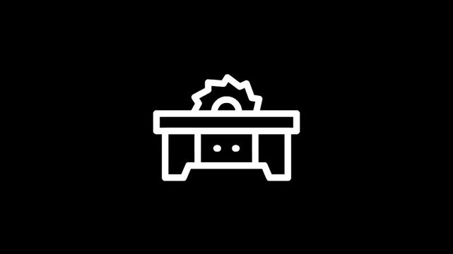 Simple white line icon of a table saw on a black background, representing woodworking and construction