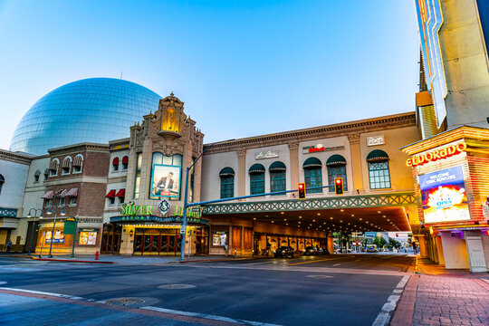 Silver Legacy entrance glows with dome theater backdrop