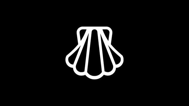 Minimalist white scallop shell icon on a stark black background, symbolizing the ocean