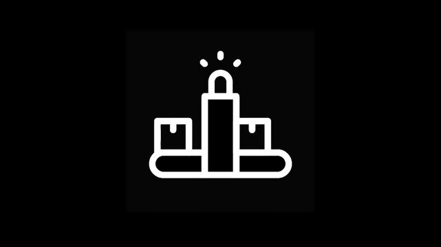 White line icon of a podium with boxes and a beacon on a black background