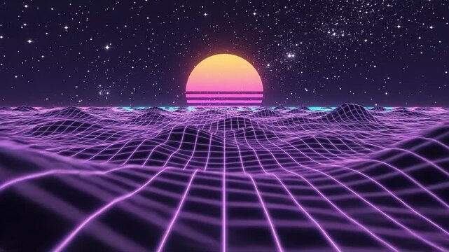 Retro futuristic synthwave landscape with moving purple grid waves and neon sun in starry sky