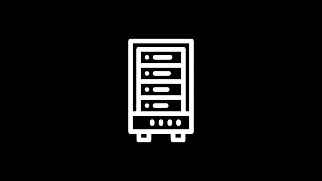 Simple white icon of a server rack with multiple storage drives on a black background