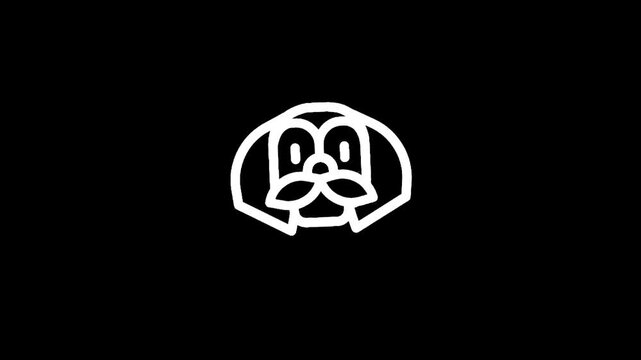 Simple white line art dog face icon with mustache on black background