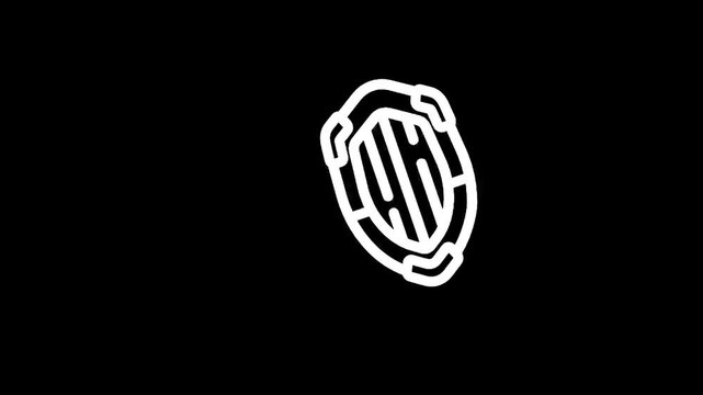 White outline of a shield emblem with internal stripes on a black background