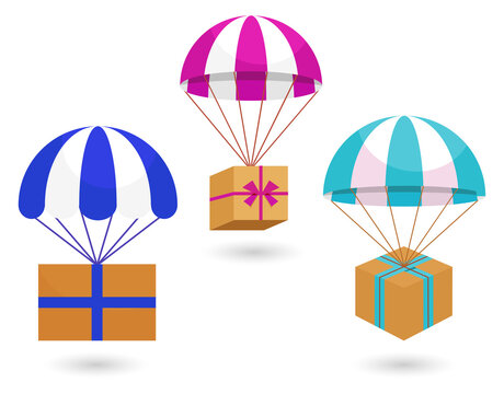 Colorful gift boxes with parachutes illustration for marketing on transparent background